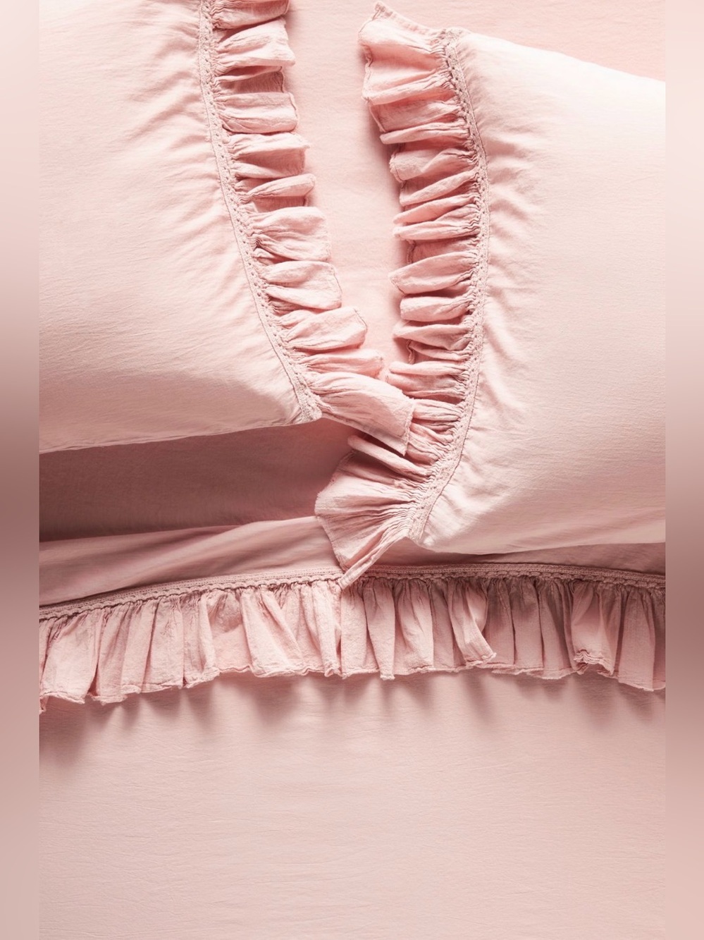 Anthropologie Organic Cotton Spa Sateen Ruffled Sheet Set in Blush NEW